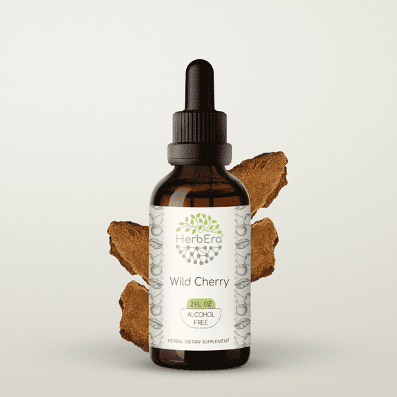 HerbEra Wild Cherry Tincture, Herbal Dietary Supplement for Respiratory Support, Wild Cherry (Prunus serotina) Dried Bark Extract, Natural, Alcohol-Free, Drops 2 oz