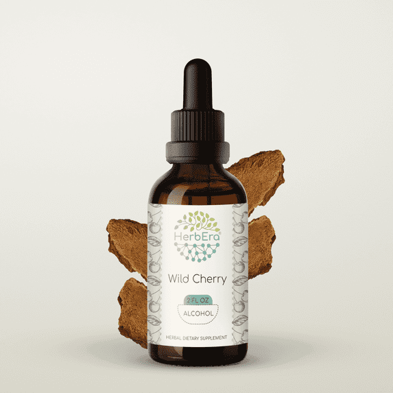 HerbEra Wild Cherry Tincture, Herbal Dietary Supplement for Respiratory Support, Wild Cherry (Prunus serotina) Dried Bark Extract, Natural, Alcohol Tincture, Drops 2 oz