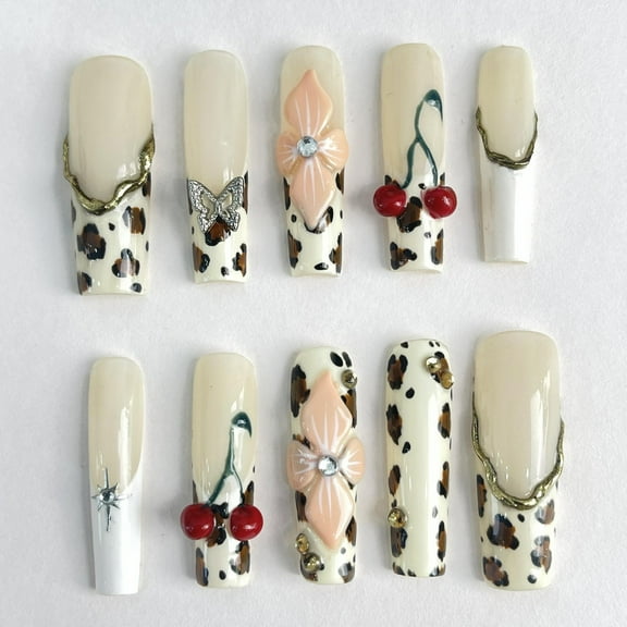 Wild Cherry,Custom Press On Nails, Almond Stiletto Square Nails, 3D Luxury Nail Art, Elegant Acrylic Nails, Spring Wedding Gift, Handmade Nail Set,Size M