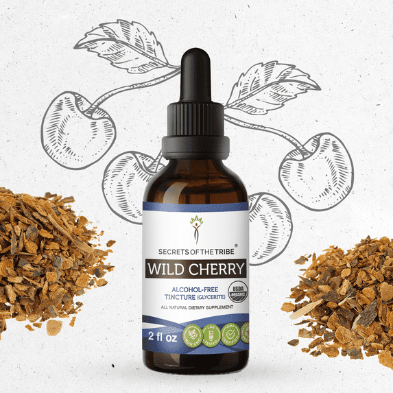 Secrets Of The Tribe Wild Cherry Organic Dietary Supplement, Natural Herbal Tincture for Respiratory Support, Certified Organic Wild Cherry (Prunus serotina) Dried Bark, Alcohol-Free Extract, 2 oz