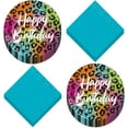 thumbnail image 1 of Wild Child Happy Birthday Animal Print Paper Dessert Plates and Teal Napkins - Colorful Wild Animal Print (Serves 16), 1 of 4