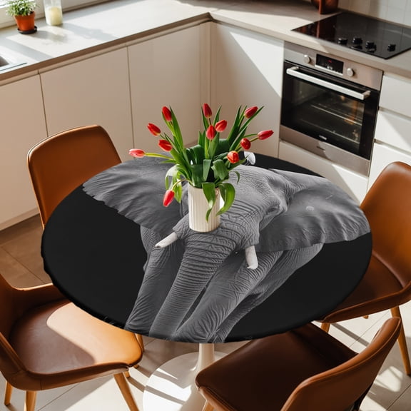 Wild Close-up Elephant on Black Round Fitted Tablecloth with Elastic Edge,Waterproof Table Cloth Fits Tables Up to 45"-54",Washable Table Cover for Indoor Outdoor Dinning Party,Modern Bird Animal Art