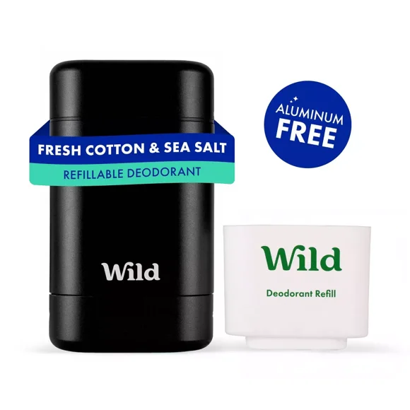Wild Cosmetics - Refillable Black Case with Fresh Cotton & Sea Salt - Aluminum Free Deodorant - Starter Pack - 5.29oz