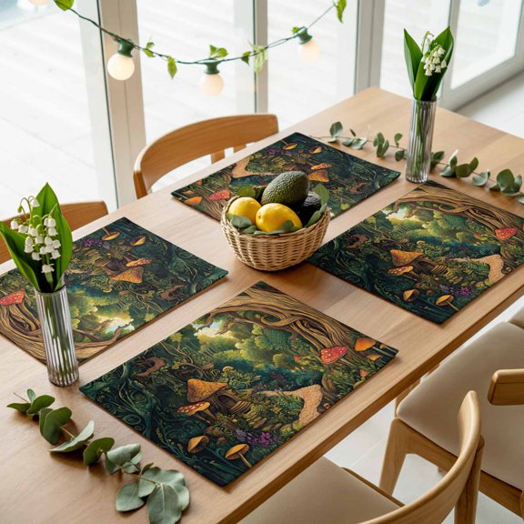Wild Cottage Forest Mushroom Plant Placemats Set of 4,Wipeable Washable Table Mats for Dining Tables, Natural Illustration Art Place Mats for Kitchen Event Party Tabletop Decor