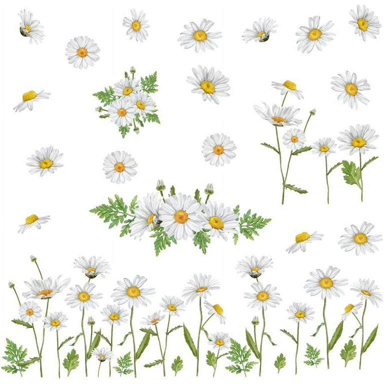 Wild Daisy Wall Sticker Colorful Wild Flower Vinyl Decals with Green Leaves  Art Decor for Bedroom Office Living Room