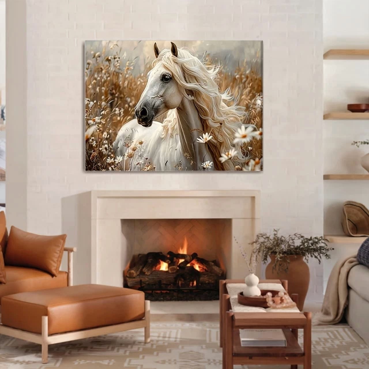 Wild Daisy White Horse Atmospheric Wall Art For Fireplace Decor Home ...