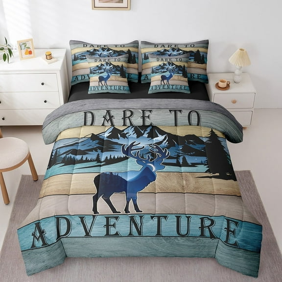Wild Deer Moose Bedding Comforter Sets 7Pcs Jungle Animal Wildlife Bed in a Bag Hunting Theme Queen Bedding Sets, Safari Woodland Reindeer Comforter Set Vintage Lodge Cabin Bedding Sets & Collections