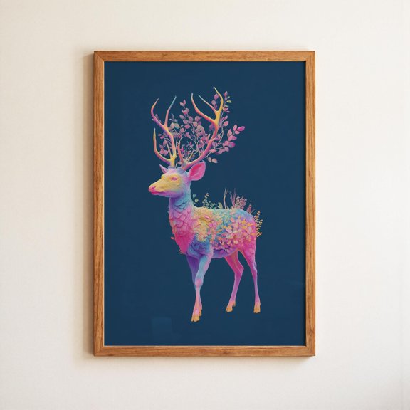 Wild Deer Neon Art Collage Print, Whimsical Animal Art , Poster Print Only