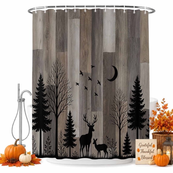 Wild Deer Shower Curtain Set - Small 36" x 72" Washable Bathtub Curtain with 12 Hooks, Farmhouse Forest Trees Wood Grain Brown Waterproof Fabric Stall Shower Curtains for Bathroom/Bathtub Décor