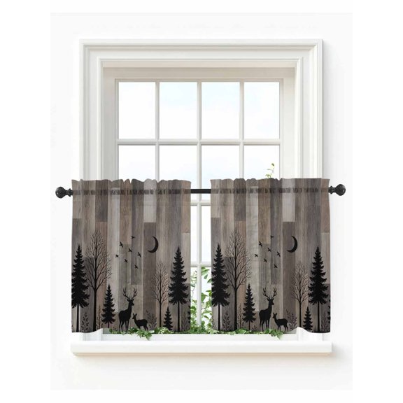 Wild Deer Tier Curtains 24 Inch Length,Sheer Curtains for Bedroom Living Room Window Farmhouse Forest Trees Wood Grain Brown Rod Pocket Drapes Kitchen Curtains Small Half Window 27.5"x24" 2 Panels