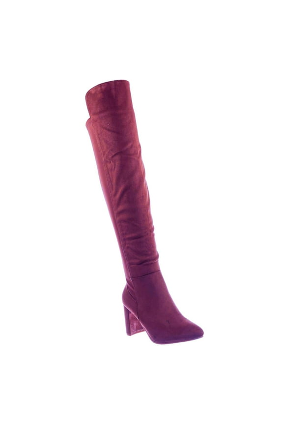 Blake-05 Women's Foldable Block Heel Elastic Panel Knee High Boots BURGUNDY 8.5