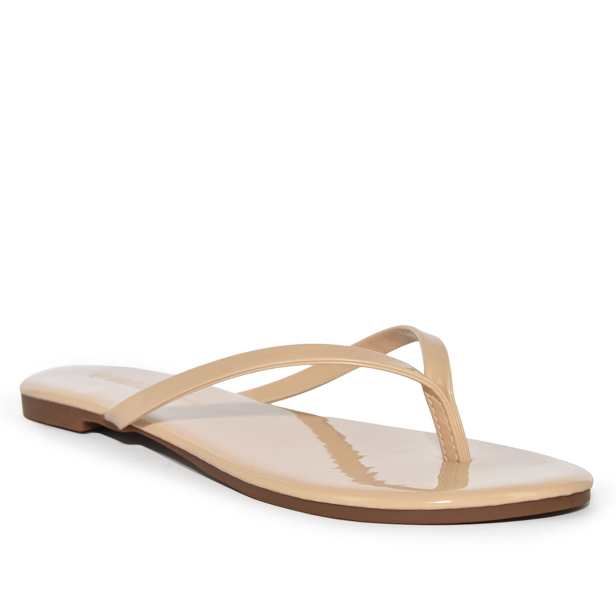 Wild Diva Classic Faux Patent Leather Almond Toe Flip Flop Thong Sandals  (Nude, 7.5) 