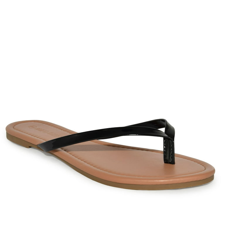 Wild Diva Classic Faux Patent Strap Leather Almond Toe Flip Flop Thong  Sandals (Black, 7)