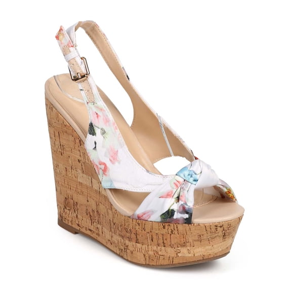Wild Diva DH88 Satin Floral Peep Toe Slingback Cutout Cork Wedge Sandal