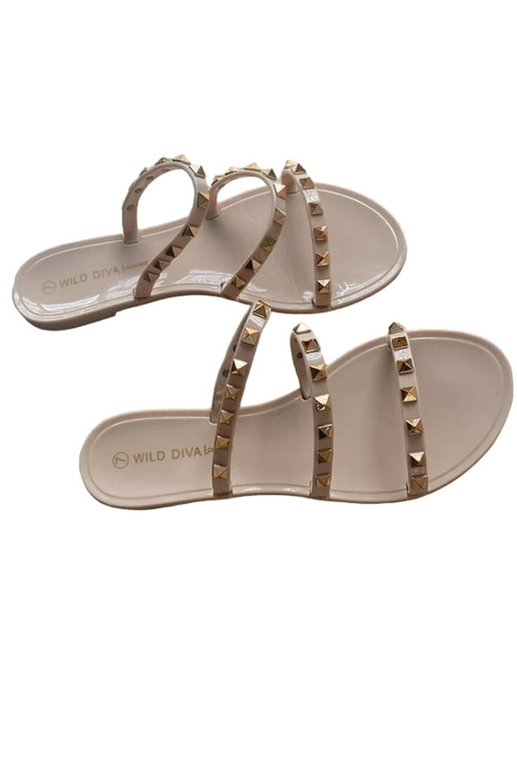 Joanie-211 3 Women's Strappy Caged Gold Pointed Studs Slip-on Jelly PVC Sandals NUDE 6