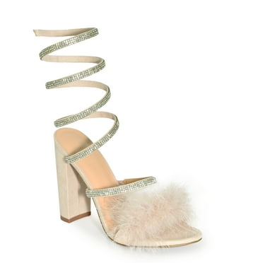 Wild Diva MORRIS-573 Feather Rhinestone Embellished Wrap Around Chunky Block Heel Sandals  (Nude, 6)