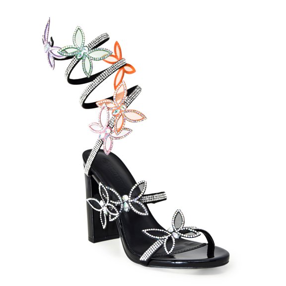 Wild Diva MORRIS-581 Embellished Rhinestone Butterfly Spiral Coil Wrap Around Chunky Block Heels (Rainbow Black PA, 7)
