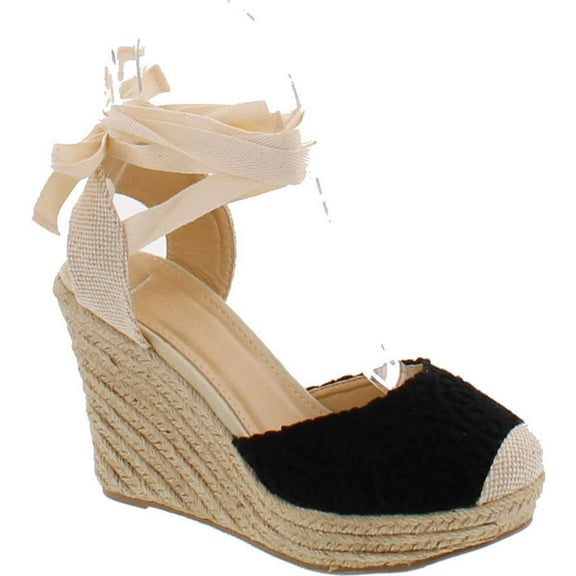 Wild Diva Maegan-32 Women Floral Crochet Ankle Wrap Slingback Espadrille Wedge - Black