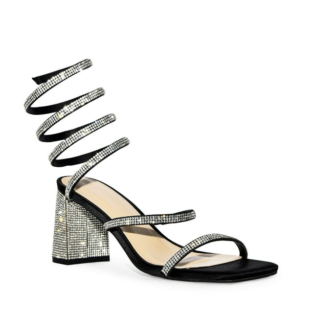 Wild Diva Rhinestone Spiral Ankle Strap Square Toe Low Block Heels (Black, 8)