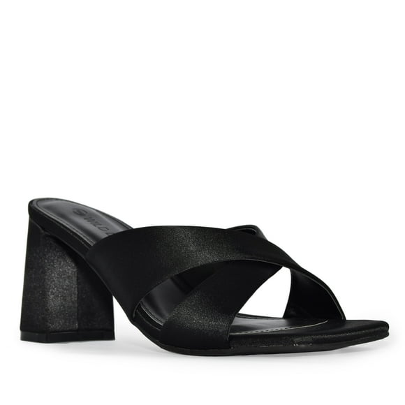 Wild Diva Satin Criss Cross Open Square Toe Block Heel Mule Sandal Heels  (Black, 7)