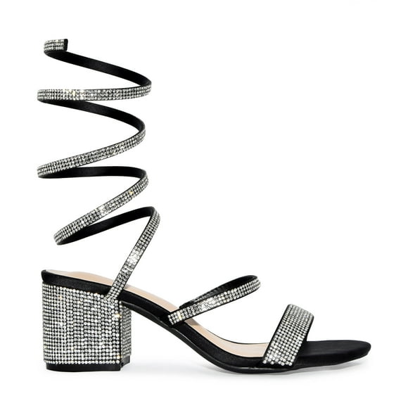 Wild Diva Satin Rhinestone Spiral Ankle Strap Low Block Heels (Black, 6.5)