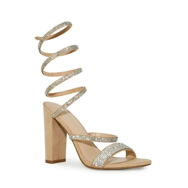 Wild Diva Spiral Rhinestone Strappy Ankle Chunky Block Heels  (Natural, 6)