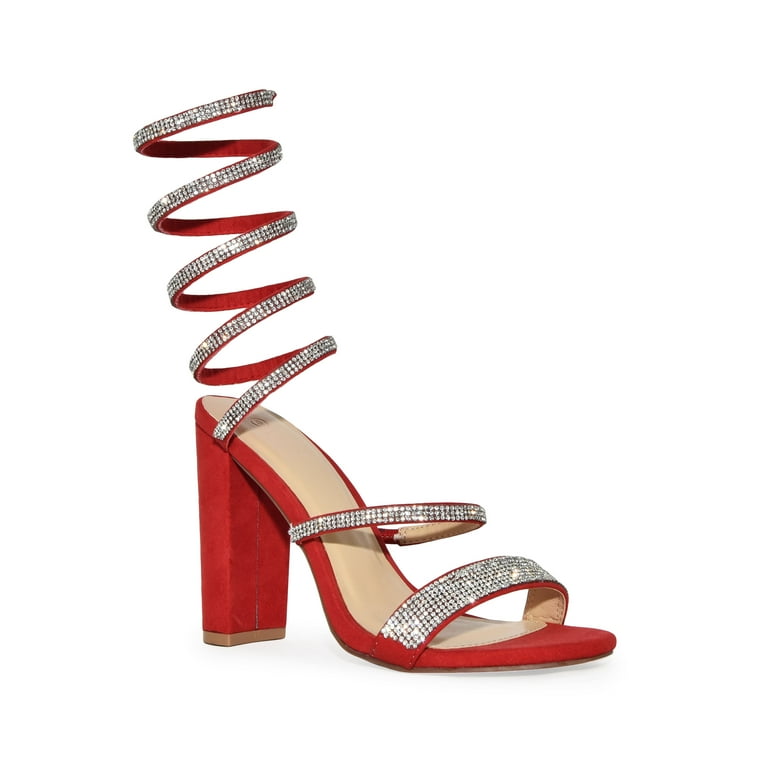 Wild Diva Spiral Rhinestone Strappy Ankle Chunky Block Heels (Red, 8.5)