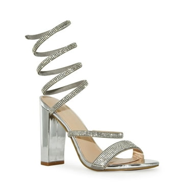 Wild Diva Spiral Rhinestone Strappy Ankle Chunky Block Heels  (Silver, 10)