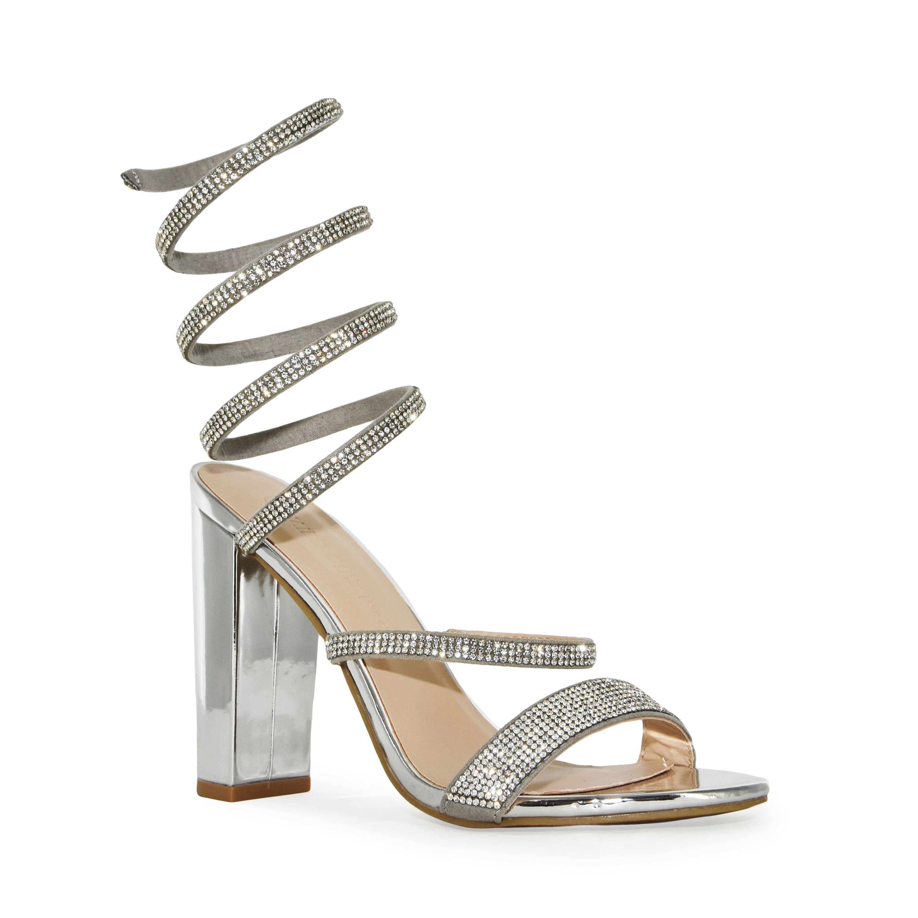 Aerin Wide Fit Silver Metallic Lace up Strappy Square Toe Block Mid Heels |  Public Desire