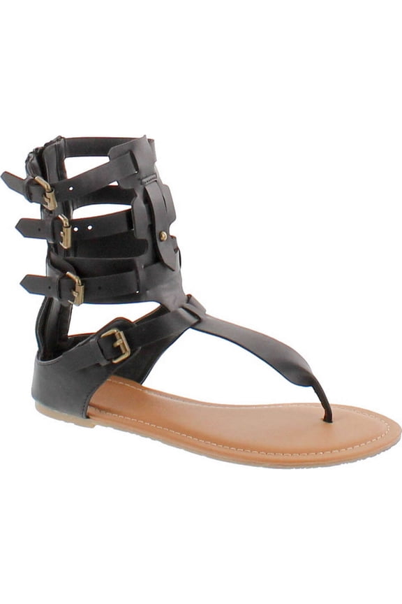 TANAYA-540 Women's T-strap Buckle Gladiator Back Zip Flat Thong Sandal, Black, 7.5
