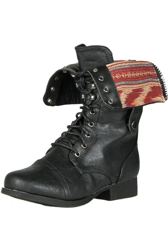 Women Jetta-25F Lace Up Combat Military Boots With Foldable Cuff, Black, 5.5