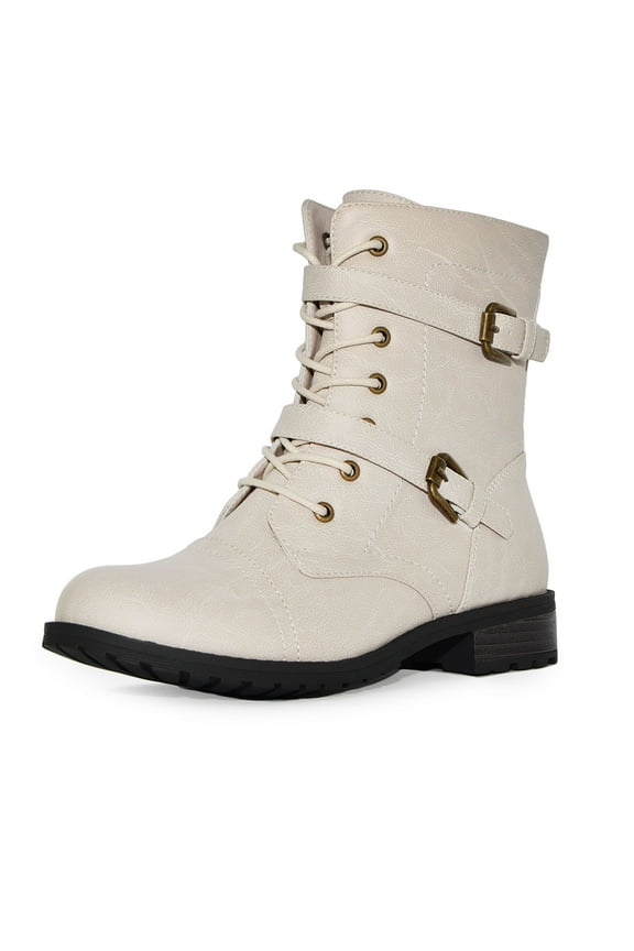 Women's Faux Leather Strappy Buckle Military Combat Fashion Lace Up Ankle Boots (Beige, 7.5)