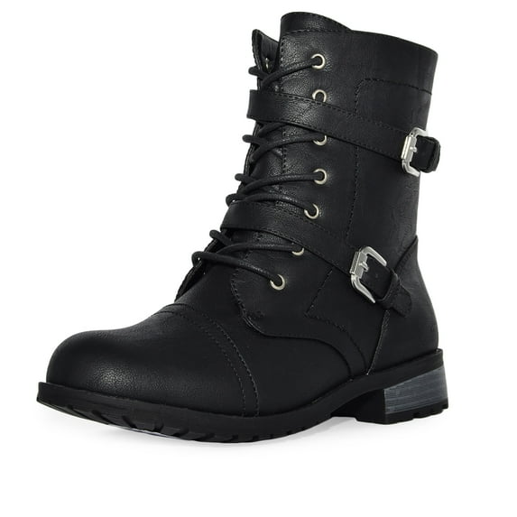 Wild Diva Women's Faux Leather Strappy Buckle Military Combat Fashion Lace Up Ankle Boots (Black, 8)
