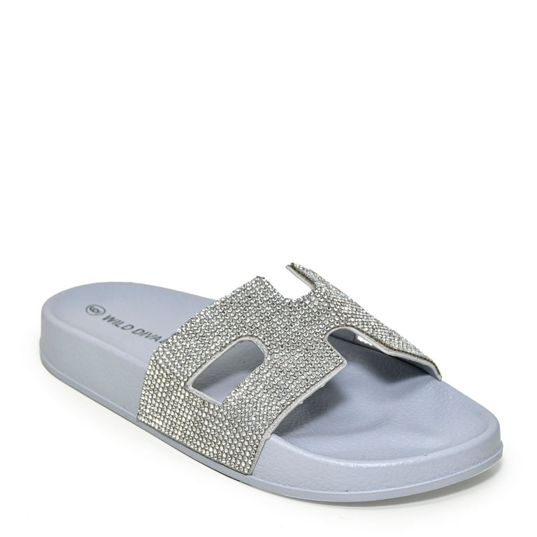 Wild Diva Women's H Band Cutout Rhinestone Slip On Slide Sandals