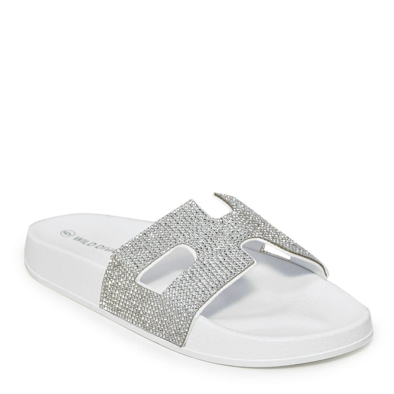 Wild Diva Women's H Band Cutout Rhinestone Slip On Slide Sandals