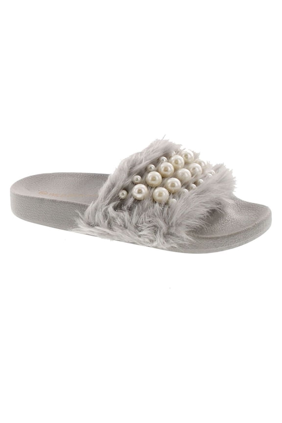 Women's Matty-04A Embellished Pearl Faux Fur Platform Wedge Slide Sandal