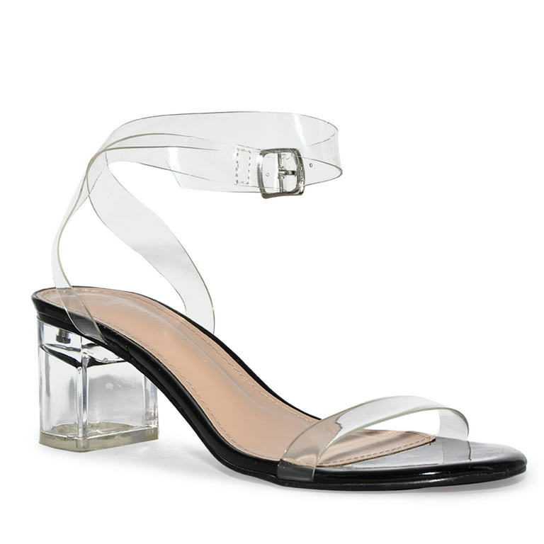 Wild Diva Women s Patent Clear Strap Lucite Low Block Heels Black 8 Walmart