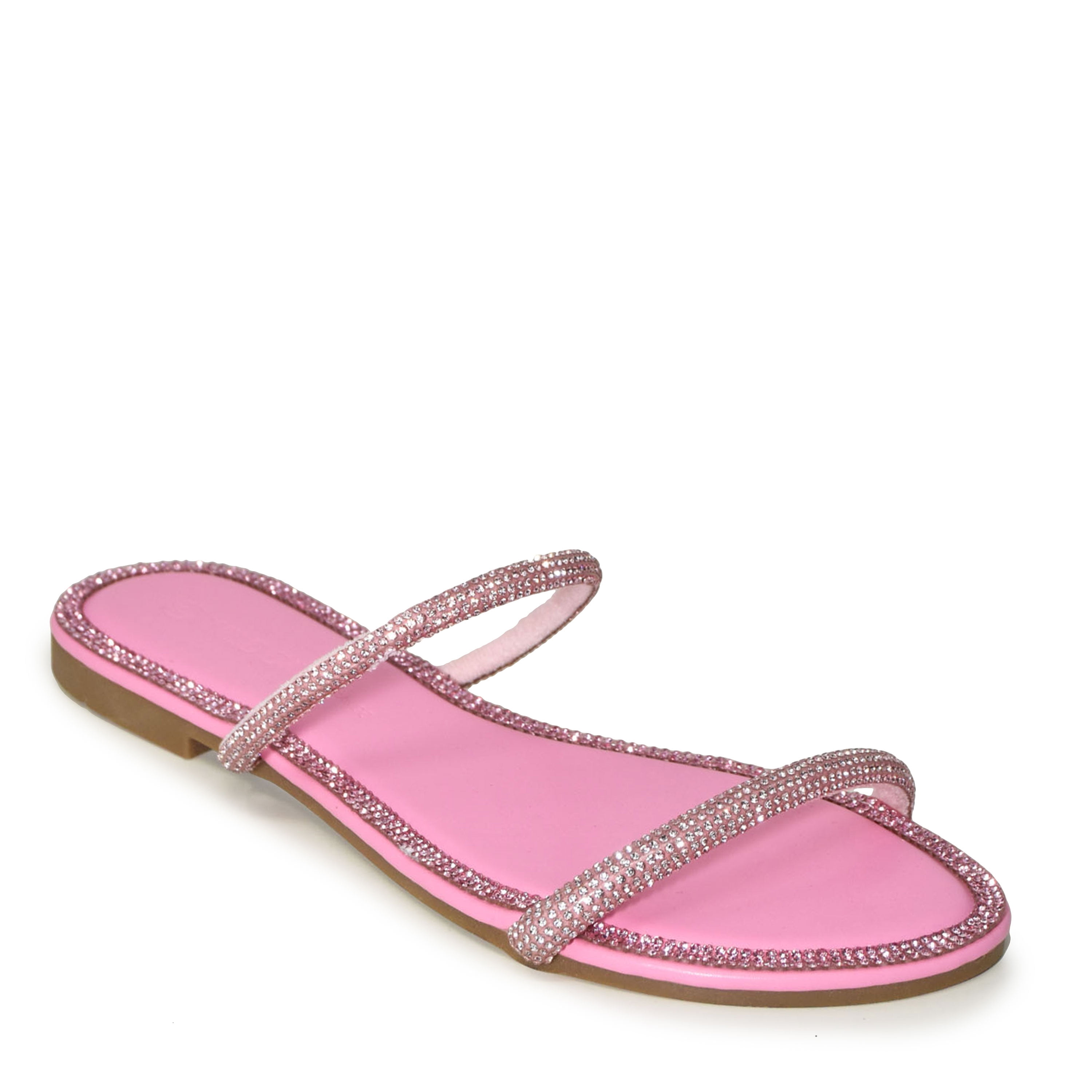 Wild Diva Pink Slides With Rhinestones Wild Diva Women's ROO-04 Double  Strap Rhinestone Embellished