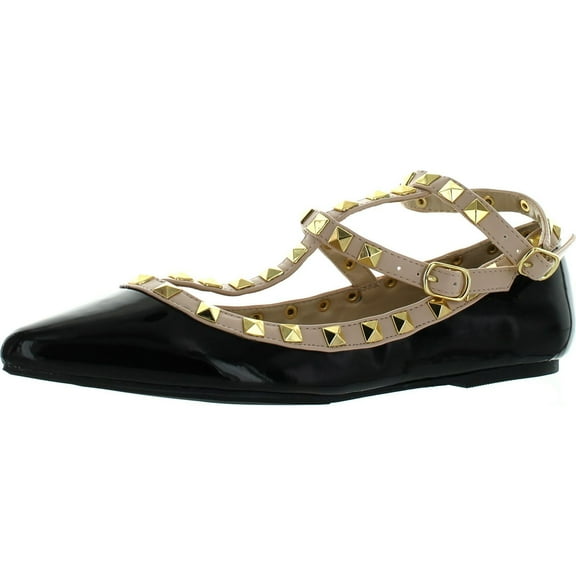 Wild Diva Womens Fashion Pippa 35 Studs Pointy T Bar Flats Shoes