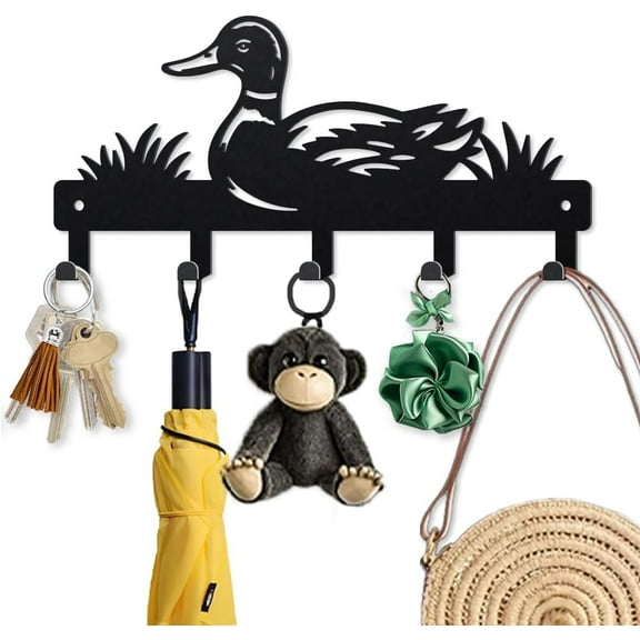 Wild Duck Metal Key Hooks with Screws 9.84.7 Inch Animal Lake Grass Wall Mounted Hook Hangers Mallard Duck Reeds Key Holder for Wall 5 Hooks for Kitchen Entryway Hallway Garden Black 1set
