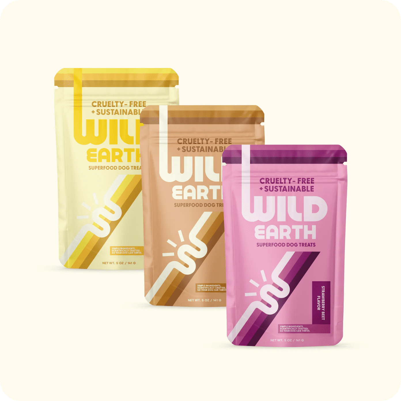 Wild Earth Superfood Dog Treats, Banana & Cinnamon+Peanut Butter+Strawberry & Beet Flavors (3 Pack) Plant Based Dog Treats with Omega Acids, Prebiotics & Koji Protein