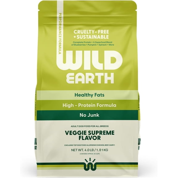 Wild Earth Vegan Dry Dog Food Performance Formula | Plant-Based Vegetarian Kibble | Wheat-Free, Allergen-Free, Veterinarian-Developed | Veggie Supreme Flavor, 4lb Bag
