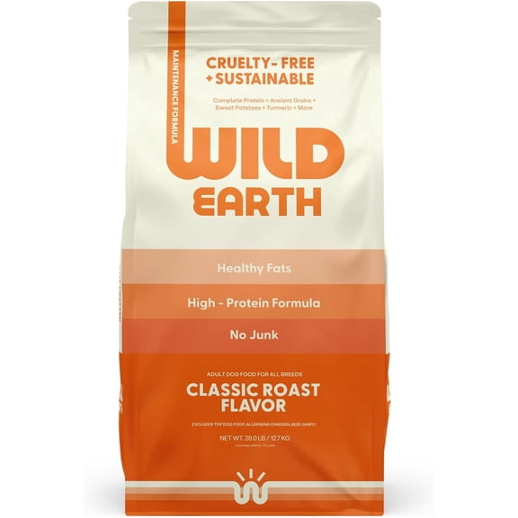 Wild Earth Vegan Dry Dog Food 28 LB| Plant-Based Maintenance Formula | Vegetarian, Allergy Relief, Veterinarian-Developed for Complete Nutrition | Classic Roast Flavor