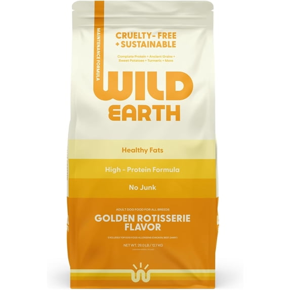 Wild Earth Vegan Dry Dog Food | Plant-Based Maintenance Formula | Vegetarian, Allergy Relief, Veterinarian-Developed for Complete Nutrition | Golden Rotisserie Flavor, 28 Pound Bag