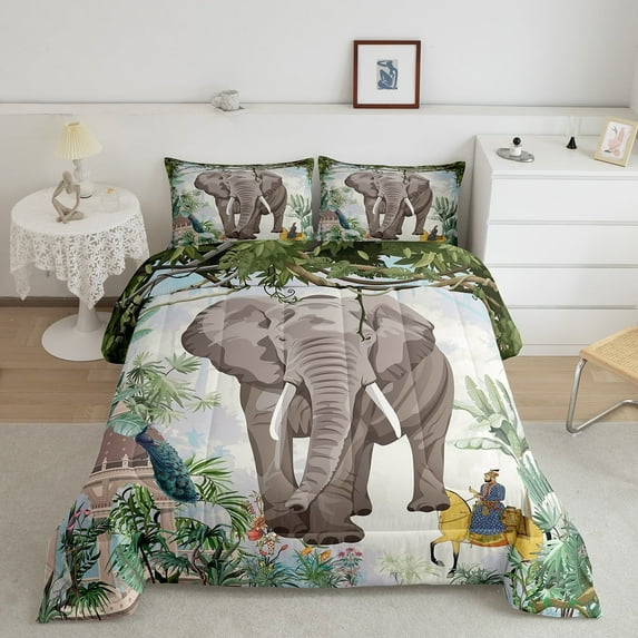 Wild Elephant Comforter Set King Tropical Jungle Bedding Set, Green Botanical Plants Bedding Comforter Sets Safari Wild Animal Duvet Sets, Wildlife Theme Quilted Comforter Green Gray White
