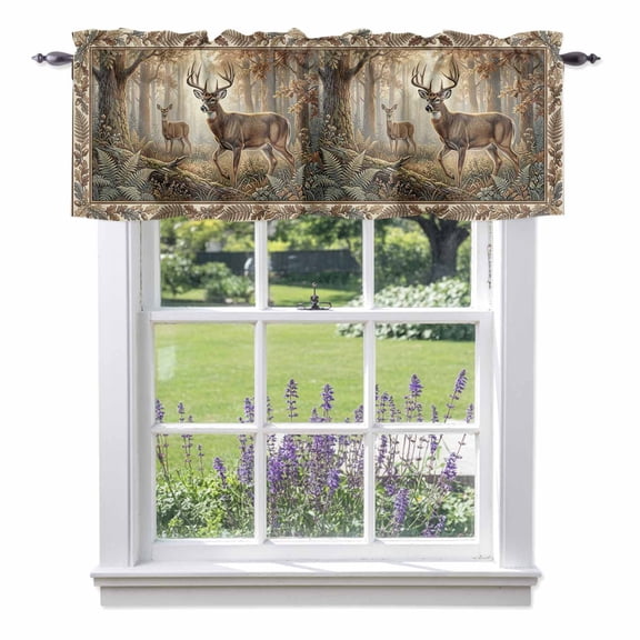 Wild Elk Deer Natural Forest Scene Valances for Windows,Kitchen Valance Rod Pocket Short Curtain, Botanical Leaves Trees Valance Curtain Window Valances for Bedroom Bathroom Living Room 42x12in