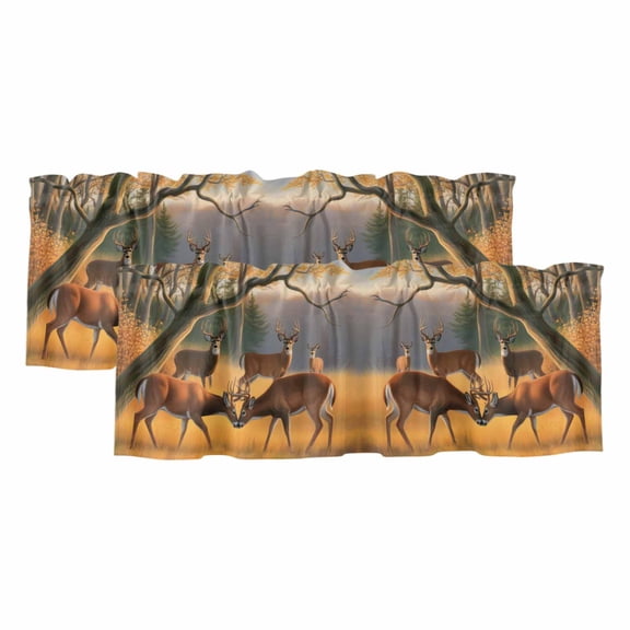 Wild Elk Forest Valances for Windows, Decorative Rod Pocket Window Valance Curtains, Autumn Grass Trees Animals Oil Painting Short Curtain Drapes for Kitchen/Living Room, 2 Panels, 42" W x 18" L