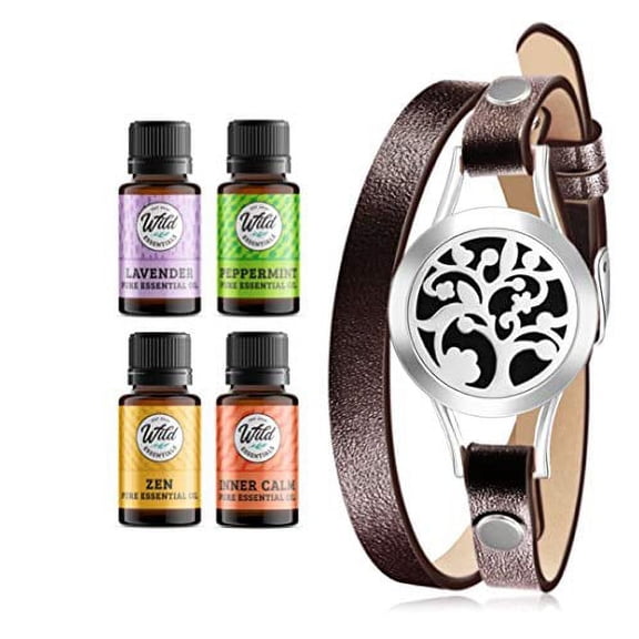 Wild Essentials Arbol Tree of Life Essential Oil Diffuser Bracelet Gift Set - Aromatherapy Pendant, 14.5" Brown Leather Wrap Band, Refill Pads 100% Pure Oils (Lavender, Peppermint, Inner Calm and Zen)