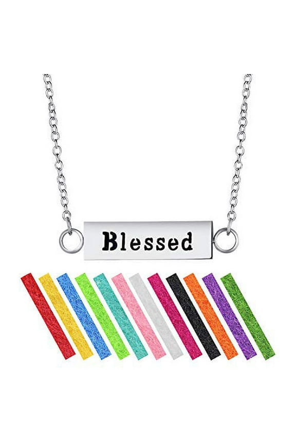 Wild Essentials"Blessed" Essential Oil Diffuser Bar Necklace Gift Set - Includes Aromatherapy Pendant, 24" Stainless Steel Chain, 12 Color Refill Pads