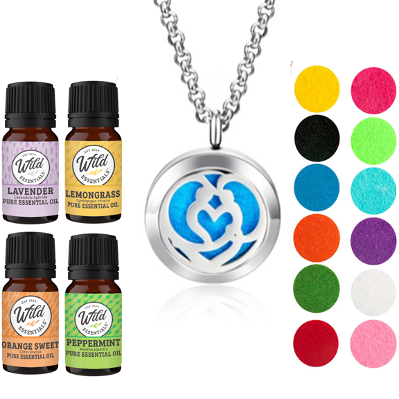 Wild Essentials Couples Heart Necklace Essential Oil Diffuser Kit With Lavender, Lemongrass, Peppermint, Orange Oils, 8 Refill Pads, Calming Aromatherapy Gift Set, Customizable Color Changing, Perfum